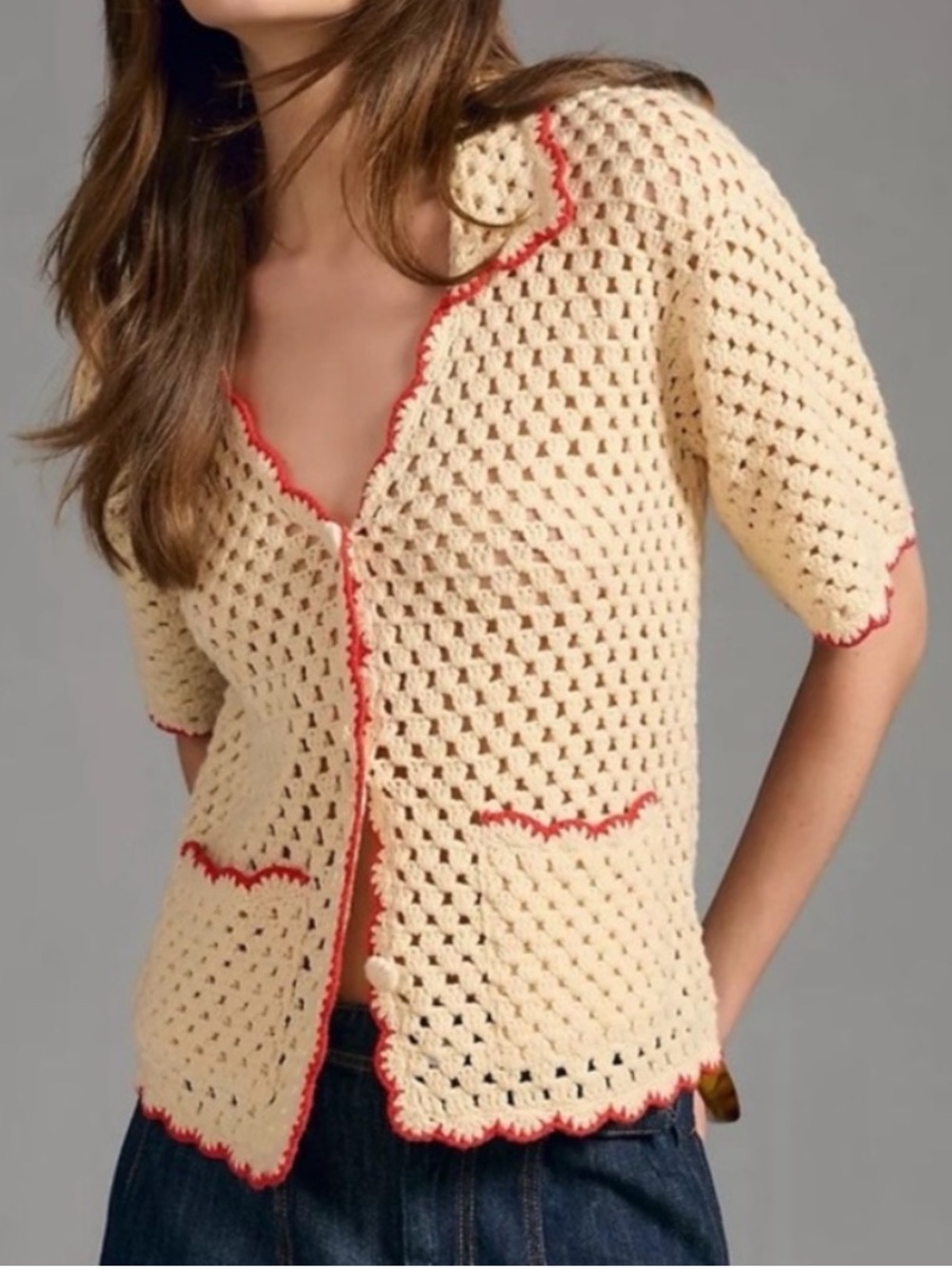 EUC Anthropologie Greylin Crotchet Scalloped Polo Cardigan Sweater Cream Small